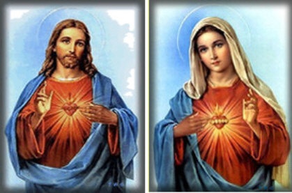 Nearly mirror images of Jesus and Mary, both pointing to their hearts 